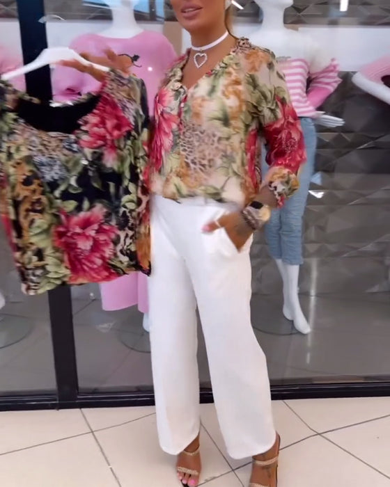 V-Neck Floral Print Blouse