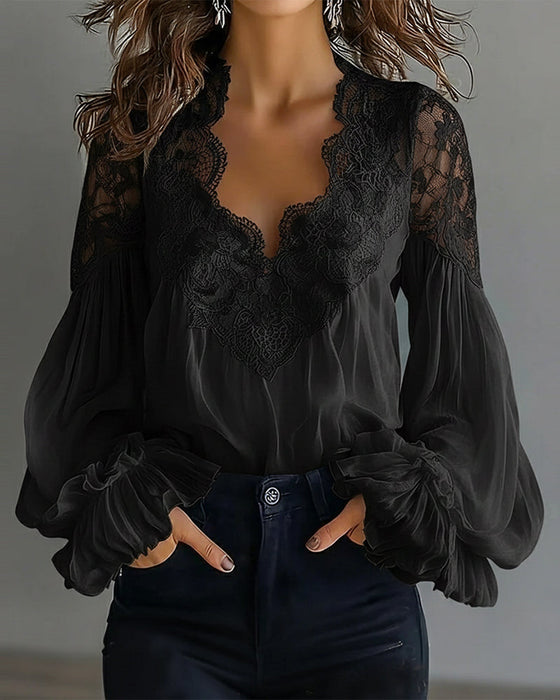 Lace Patchwork V-Neck Blouse