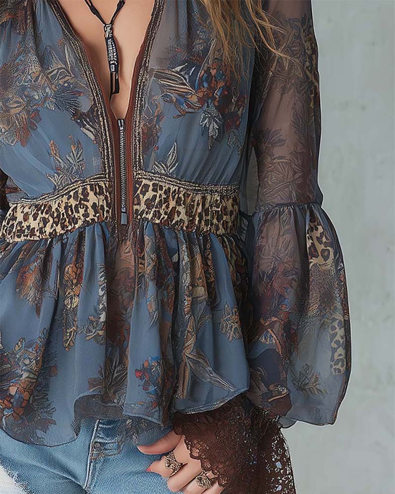 Elegant Printed Zipper Lace Blouse