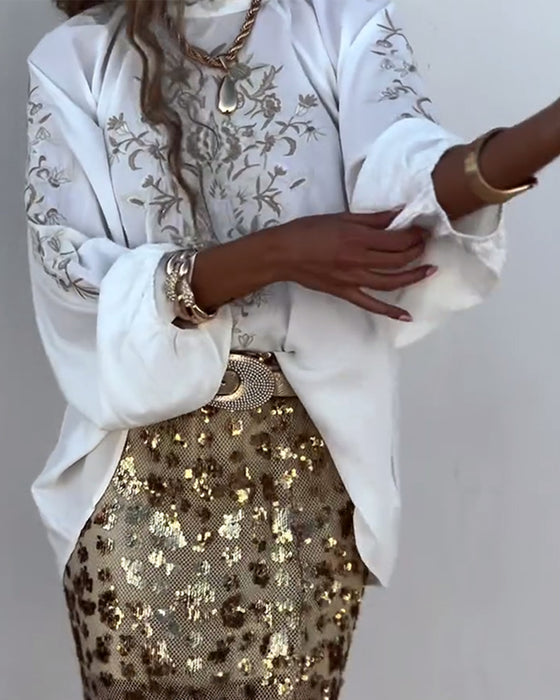 Pullover Printed Balloon Sleeve Blouse