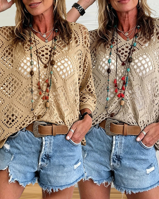 Diamond-Patterned Openwork Loose Top Set
