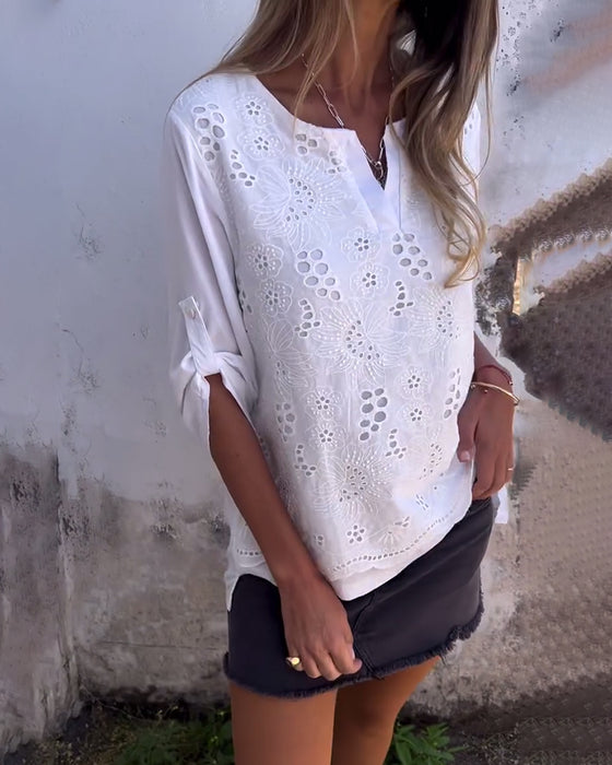 Solid Color Patchwork Printed Roll-Up Sleeve Blouse