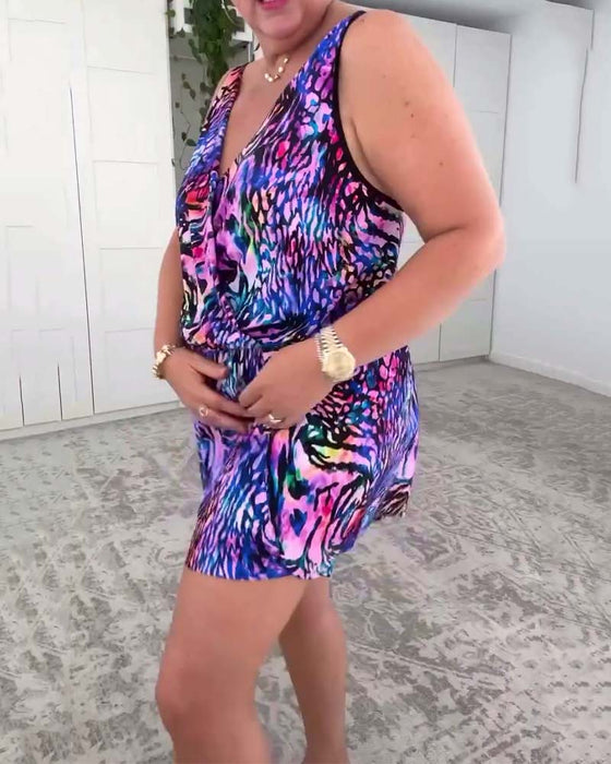 V-Neck Colorful Print One-Piece Swimsuit