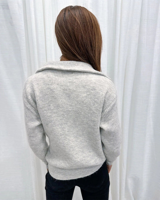 Lapel zipper solid color casual sweater