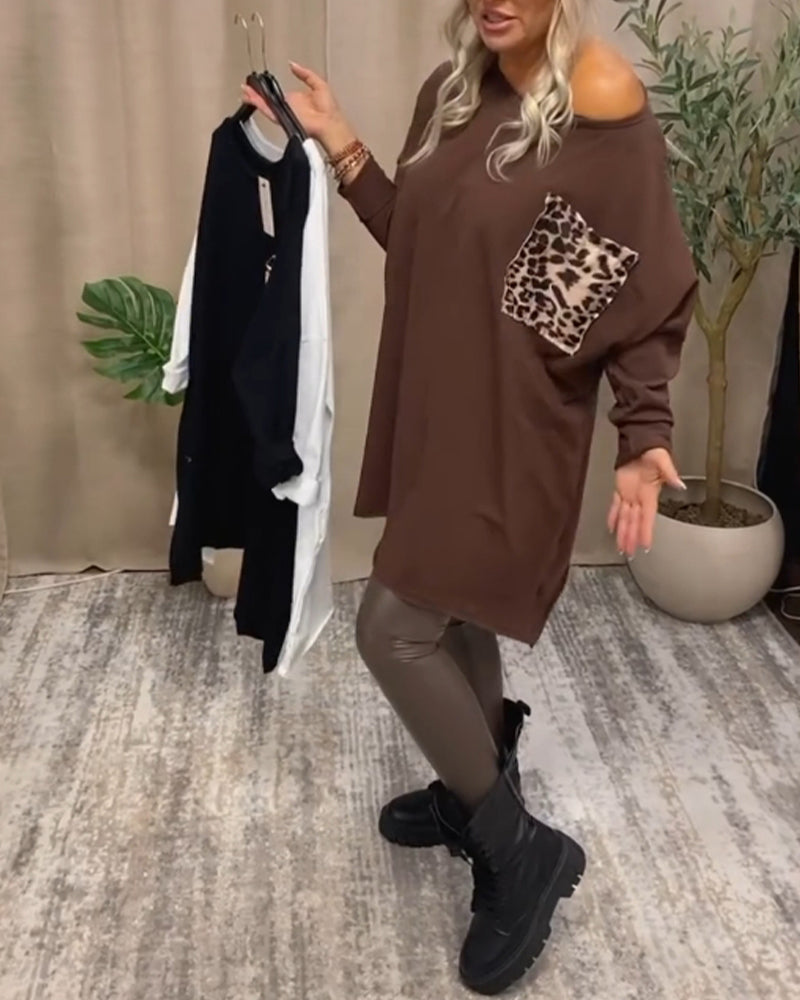 Casual crew neck leopard print pocket long sleeve top