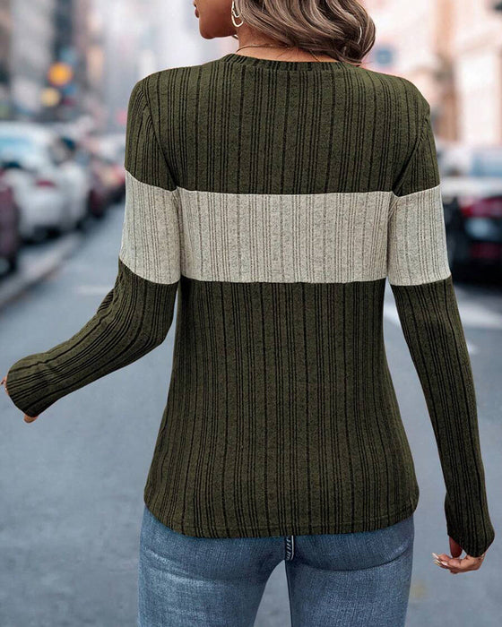 Casual color block printed round neck top