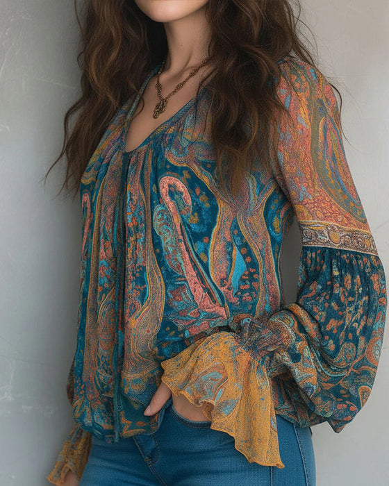 Bohemian Style Flared Sleeve V-Neck Blouse