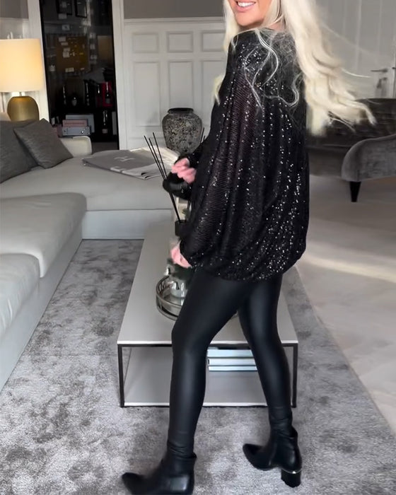 Balloon sleeve round neck sequin top