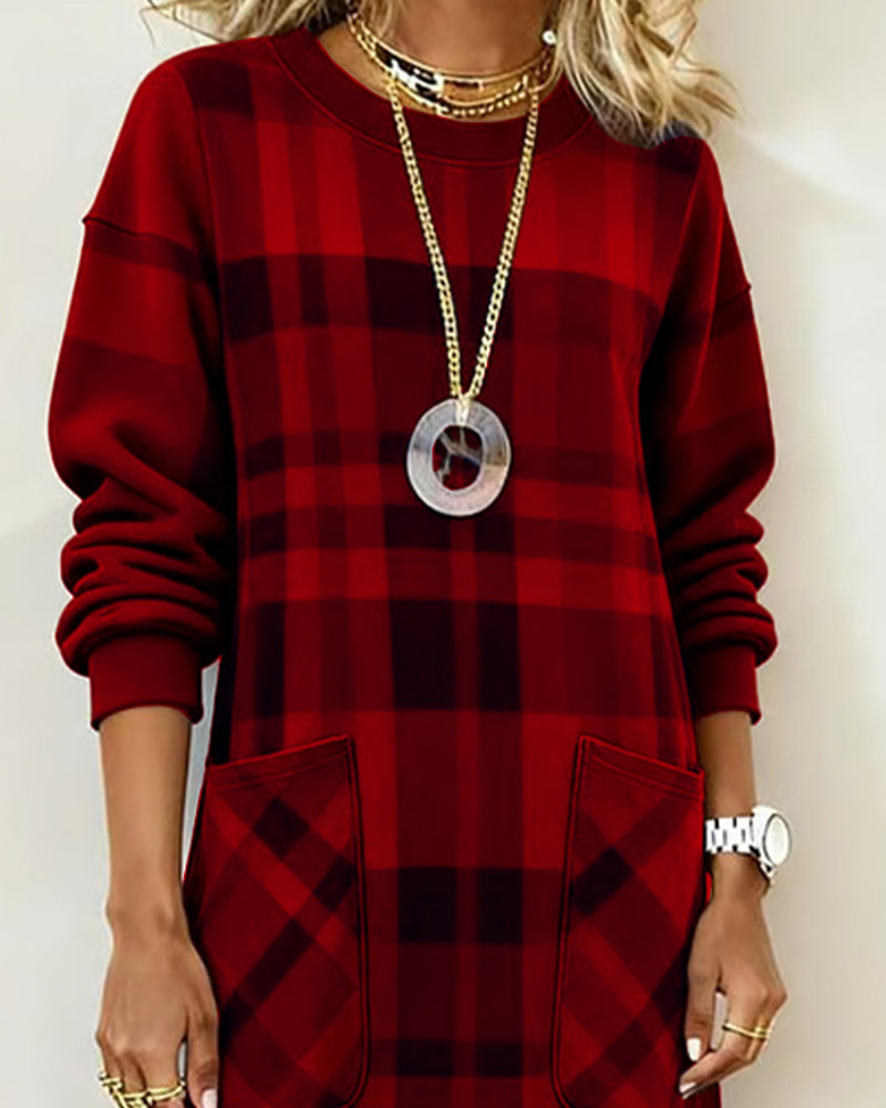 Plaid Print Pocket Shift Dress