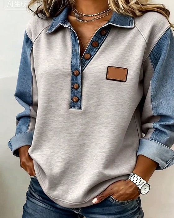 Stylish Denim Patchwork Long-Sleeved Sweatshirt