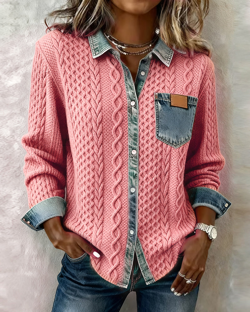 Long-Sleeved Denim Patchwork Shirt