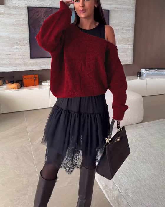 Off-Shoulder Loose Sweater & Lace Hem Dress