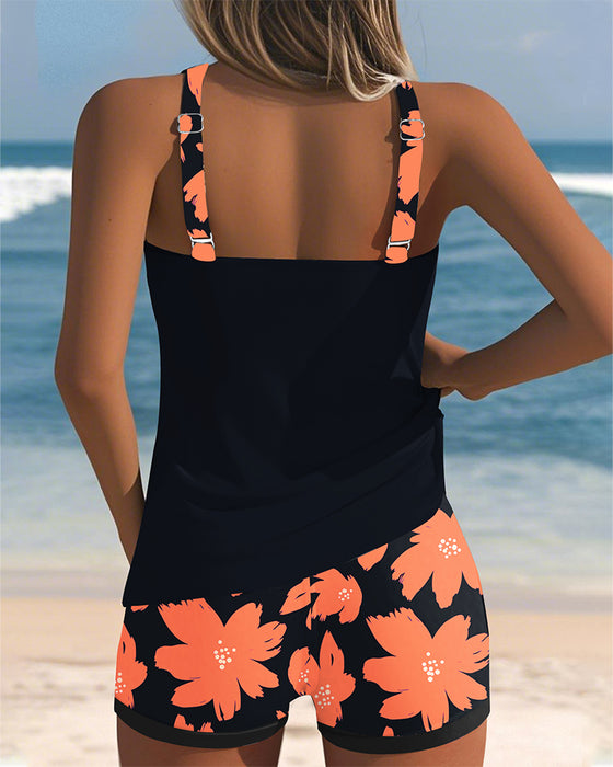 U-Neck Sleeveless Printed Boxer Tankini