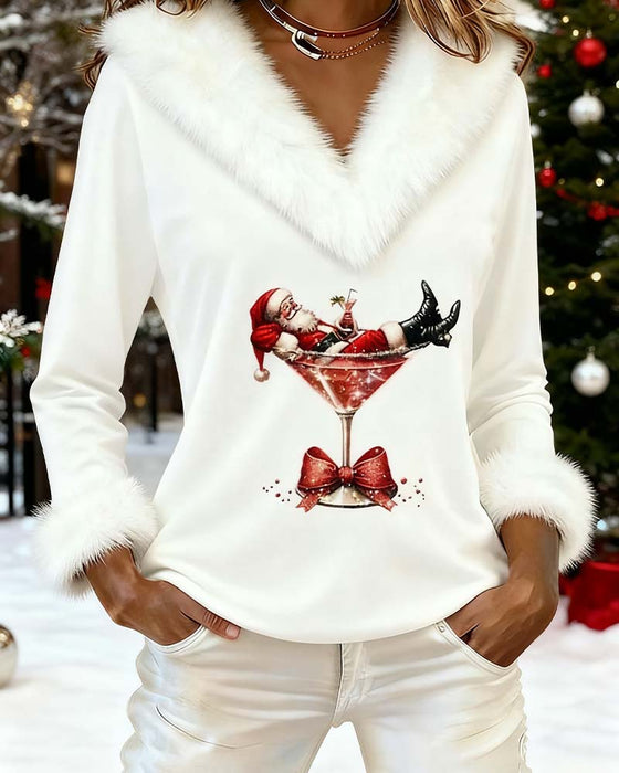 Plush Christmas Print Long Sleeve Top