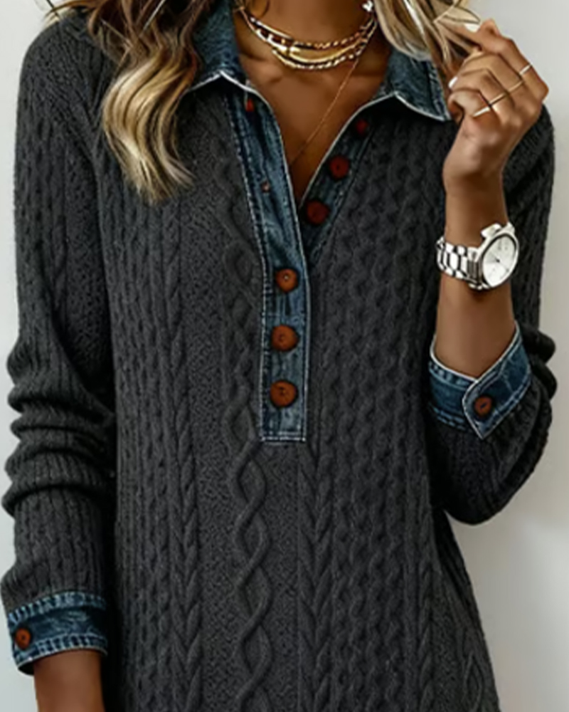 Denim cable knit patchwork collared dress