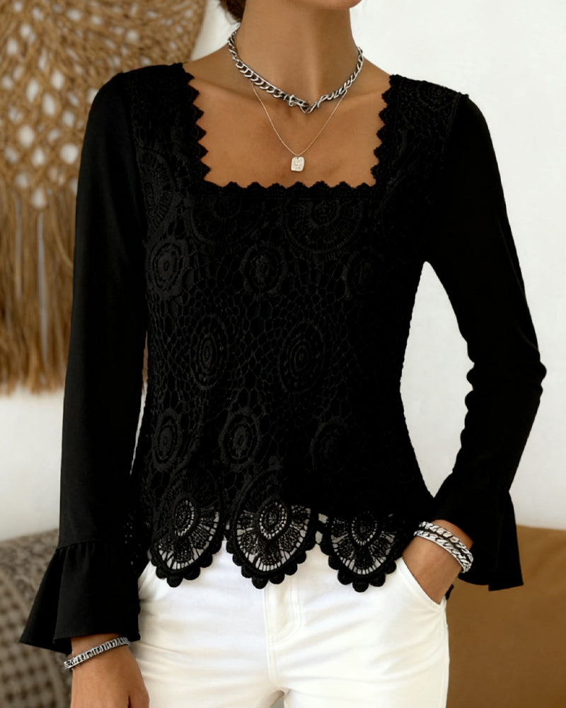 Crocheted Wide-Neck Patchwork Blouse