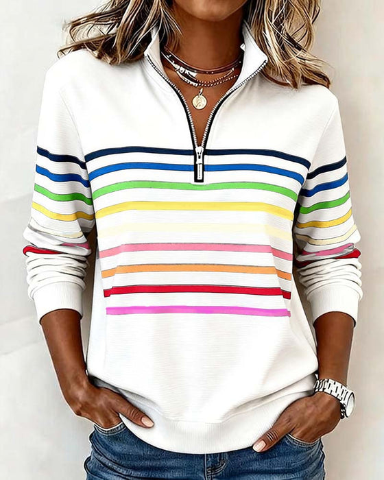 Half-Zip Collar Fashionable Rainbow Striped Sweatshirt