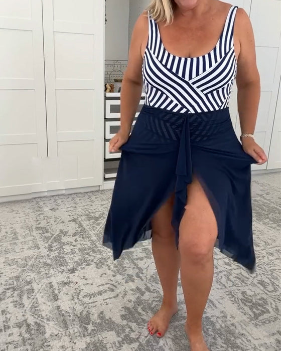 U-Neck Striped One-Piece Swimwear Set