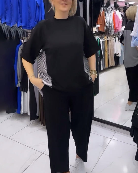 Pinstripe patchwork casual blouse