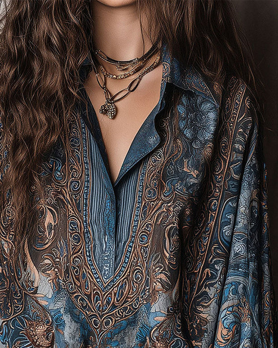 Retro Print V-Neck Lapel Sophisticated Blouse