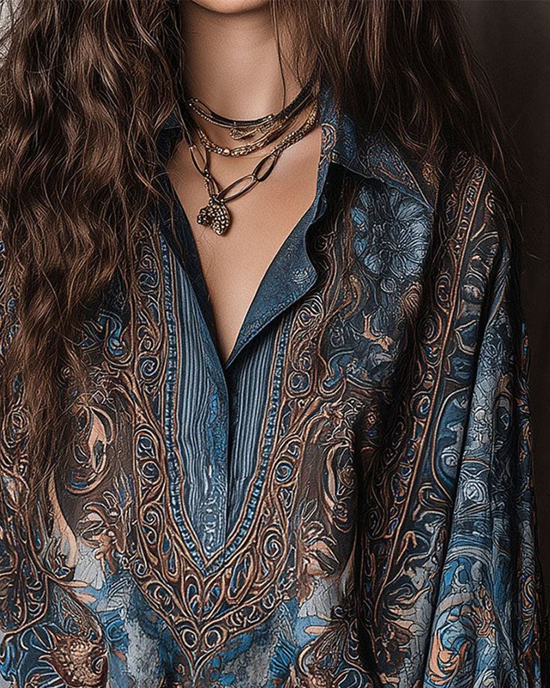Retro Print V-Neck Lapel Sophisticated Blouse
