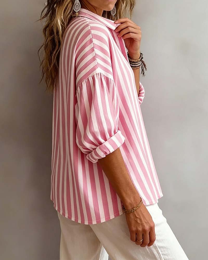Striped Loose-Fitting Collared Blouse