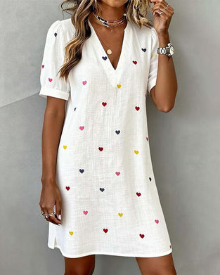 Colorful Heart Print V-Neck Dress