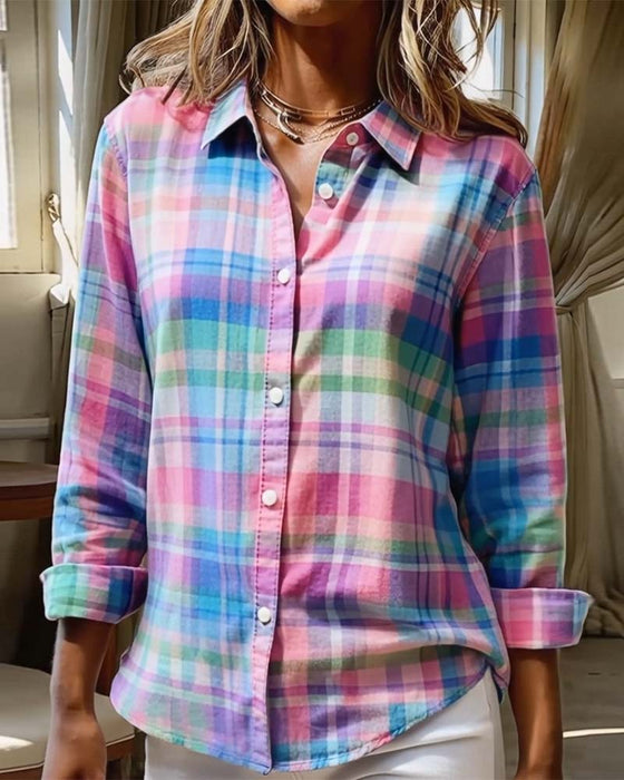 Colorful Plaid Print Lapel Shirt