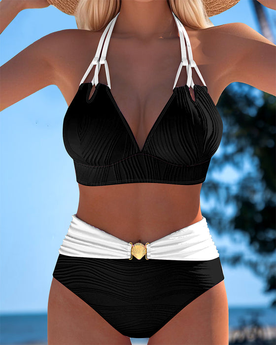 Double Strap High Waist Contrast Color Swimsuit