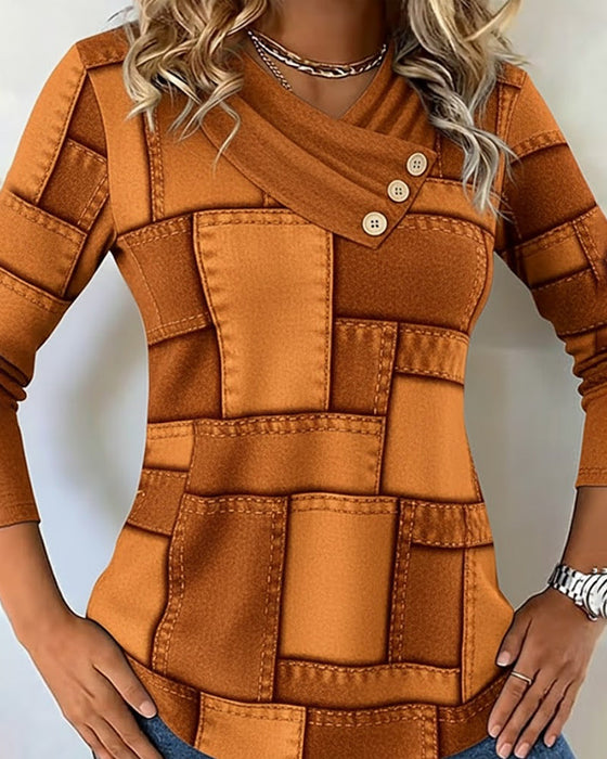 V-Neck Contrast Solid Color Long-Sleeved Top