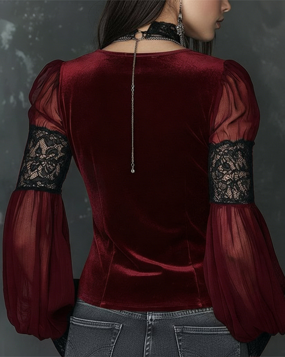 Button-Down V-Neck Puff Sleeve Blouse