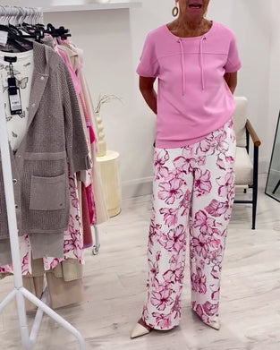 Round Neck Drawstring Solid Color Short Sleeve T-Shirt