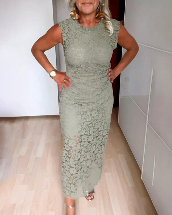 Lace sleeveless elegant slit dress