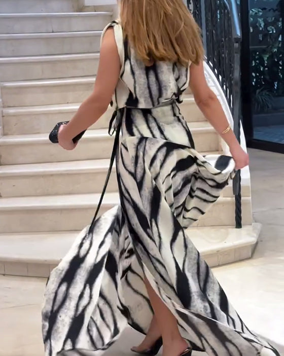 Sleeveless V-Neck Printed Slit Maxi Dress
