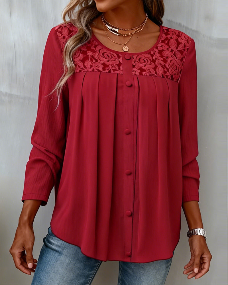 Long-Sleeved Loose-Fitting Pleated Top