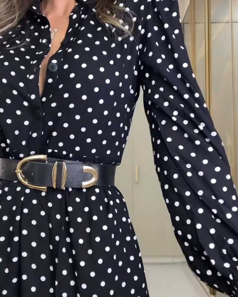 Fashionable polka dot button slit ruffle dress