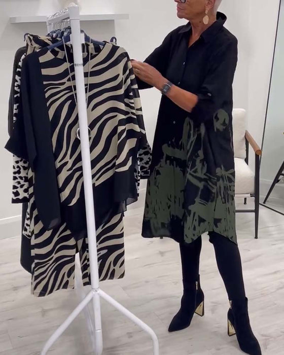 Contrast print lapel button casual dress