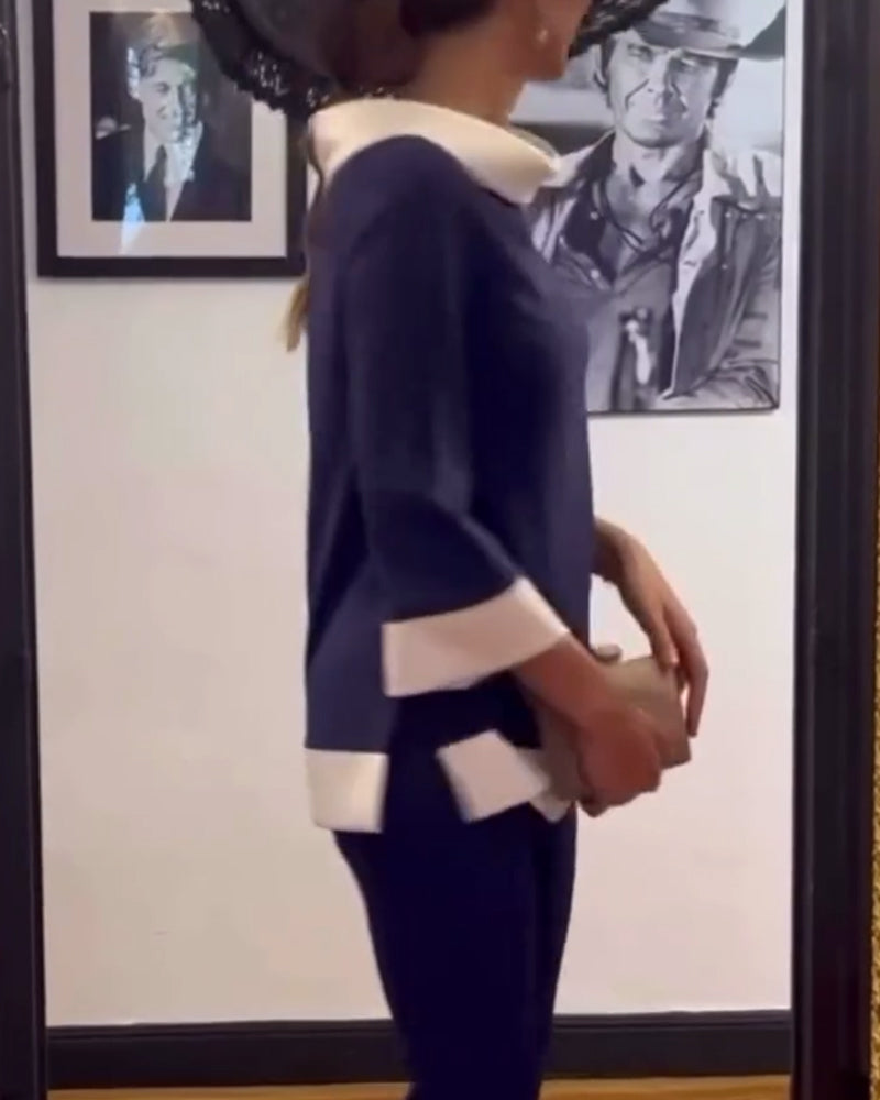 Casual contrast color stand collar loose top