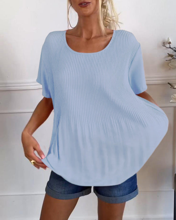 Solid color round neck pleated blouse