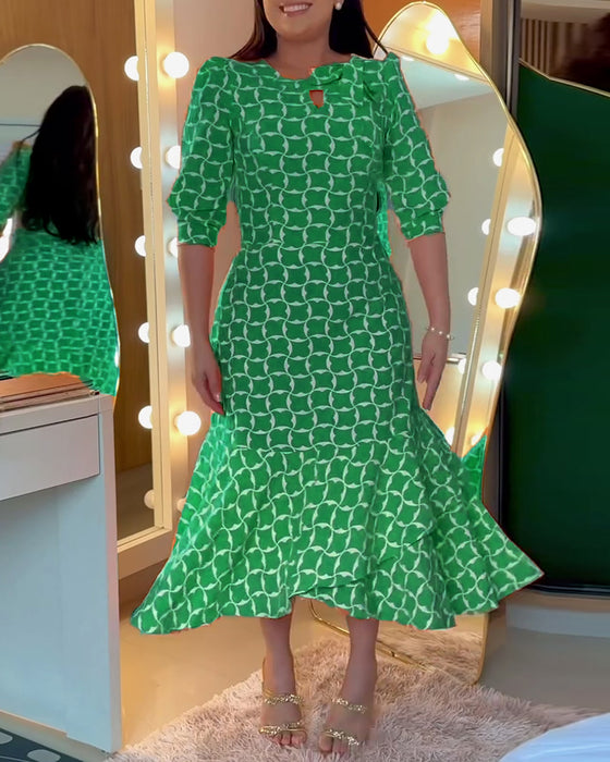 Half Sleeve Round Neck Waist Print Dress