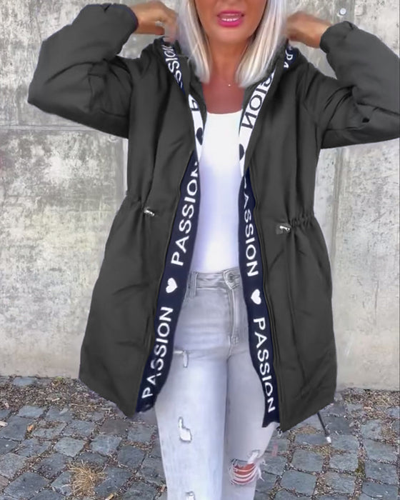Casual letter print drawstring hooded coat