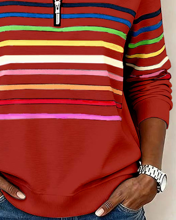 Half-Zip Collar Fashionable Rainbow Striped Sweatshirt