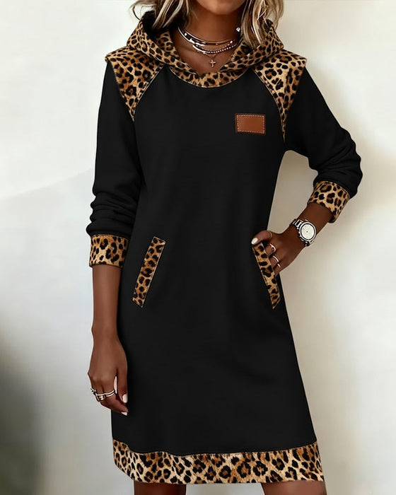 Casual Hooded Leopard-Panel Dress