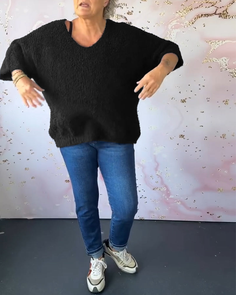 V-neck solid color casual pullover sweater