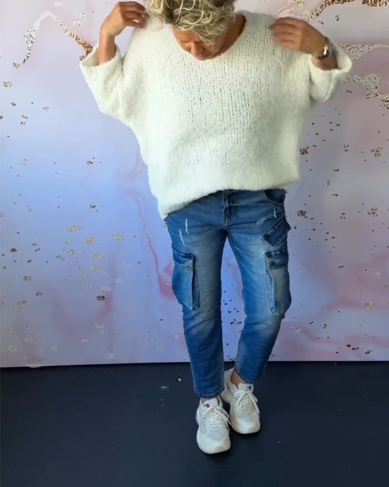 V-neck solid color casual pullover sweater