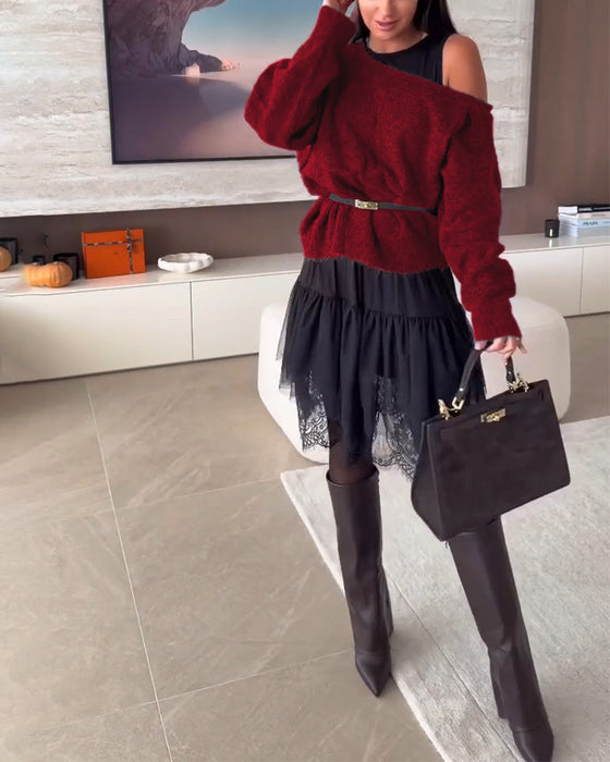 Off-Shoulder Loose Sweater & Lace Hem Dress