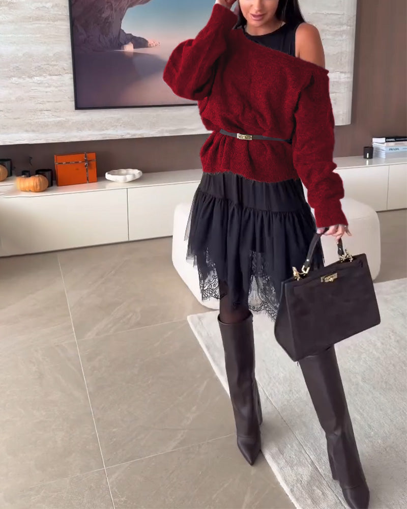 Off-Shoulder Loose Sweater & Lace Hem Dress