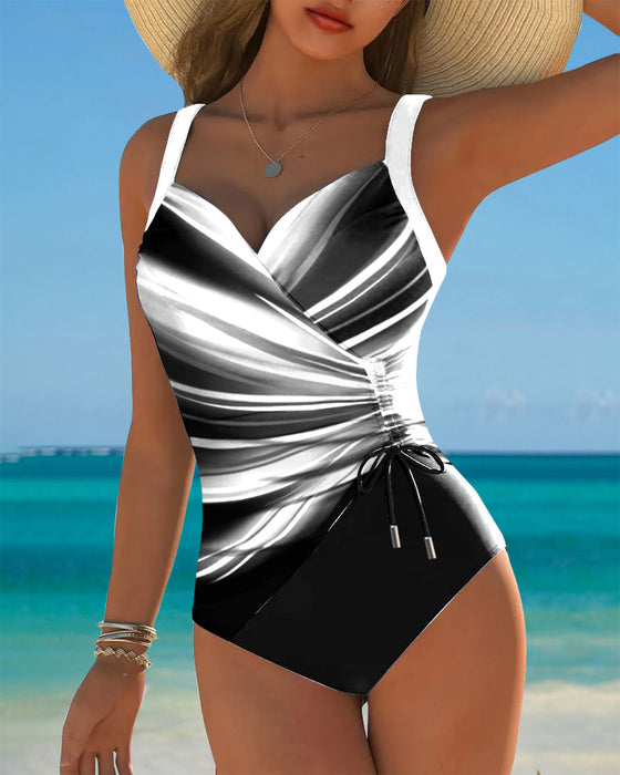 One-Piece Contrast Color Lace-Up Swimsuit