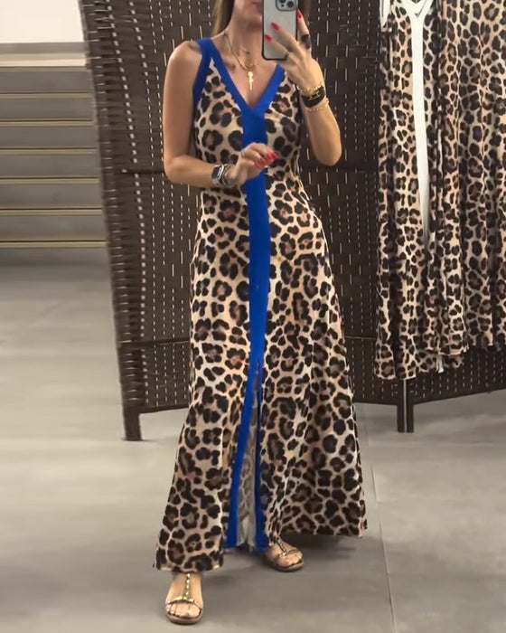 Sleeveless Elegant Leopard Print Contrast Dress