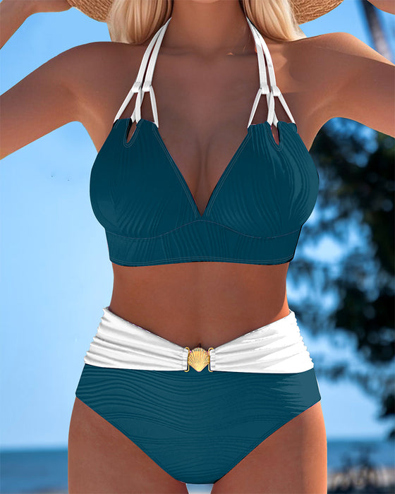 Double Strap High Waist Contrast Color Swimsuit
